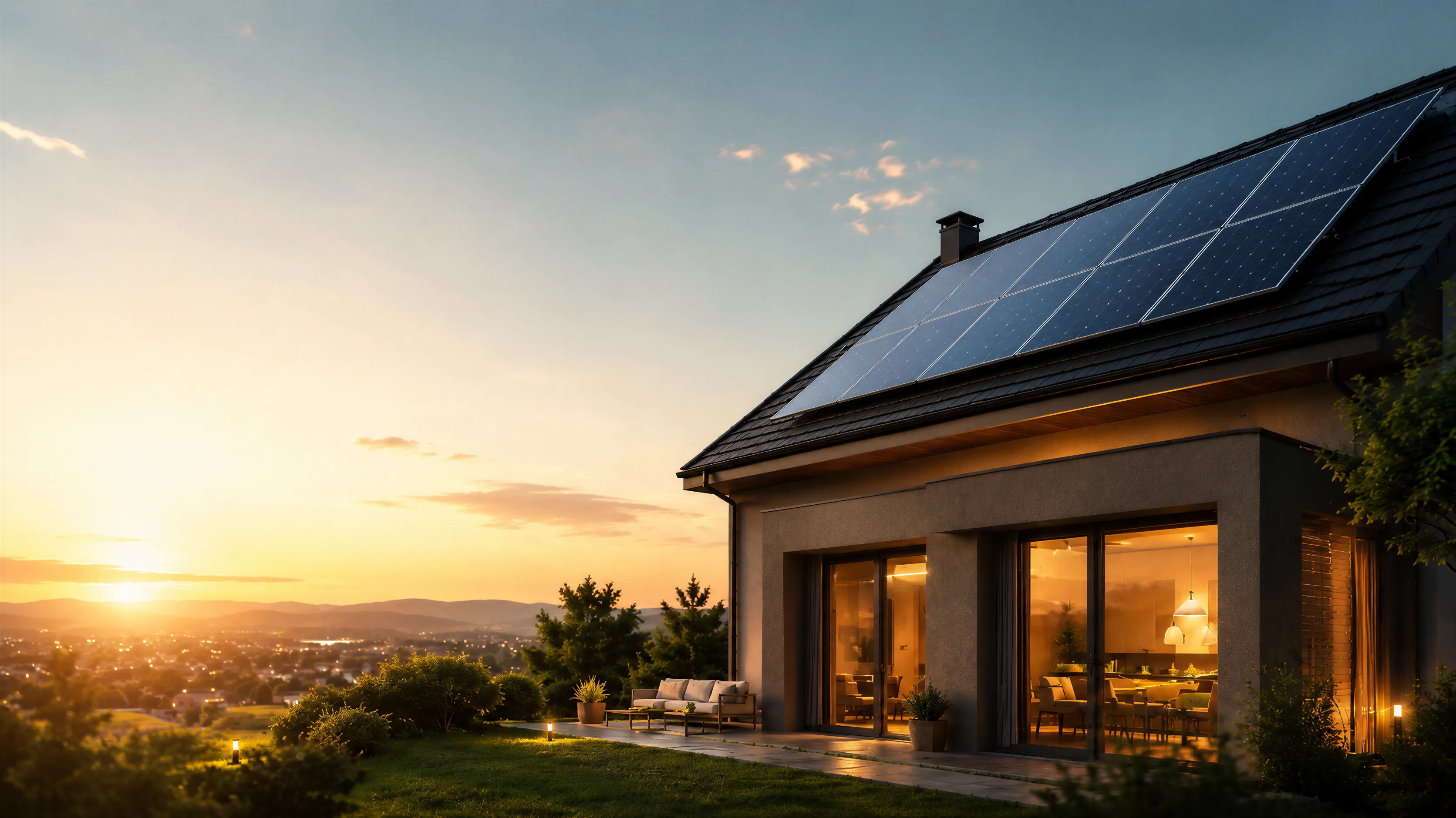 Casa con placas solares al atardecer